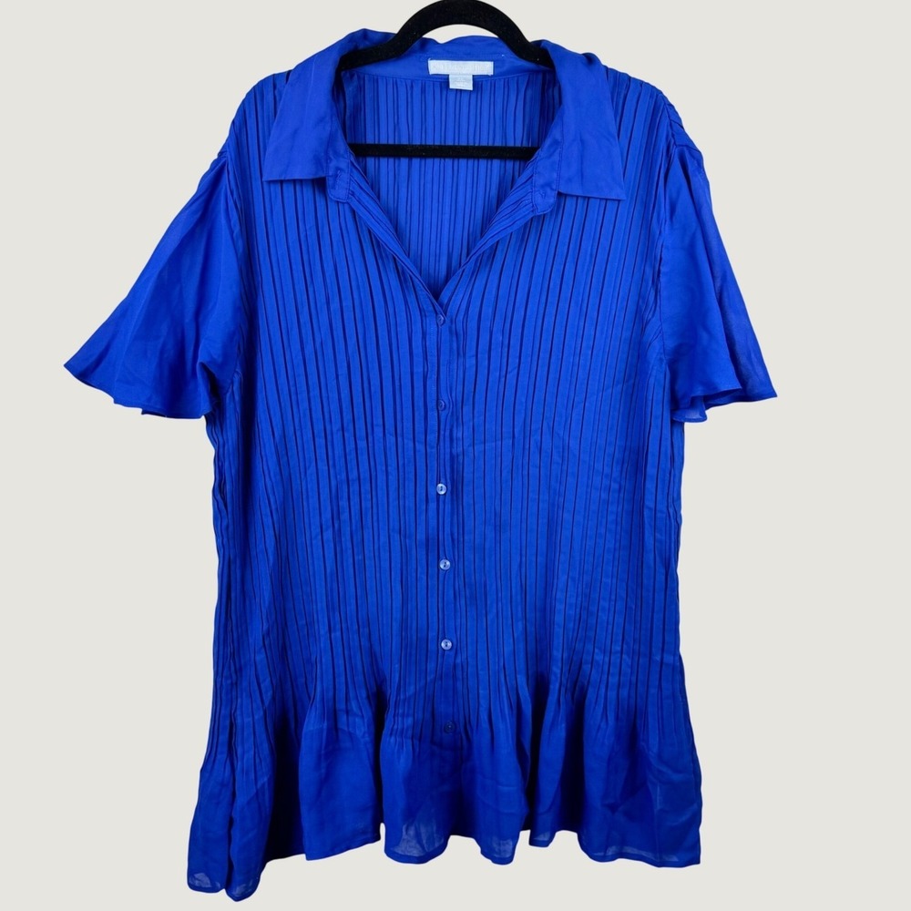 Only Necessities Blouse Women 2X Blue Pleated Peplum Button Down Royal Office